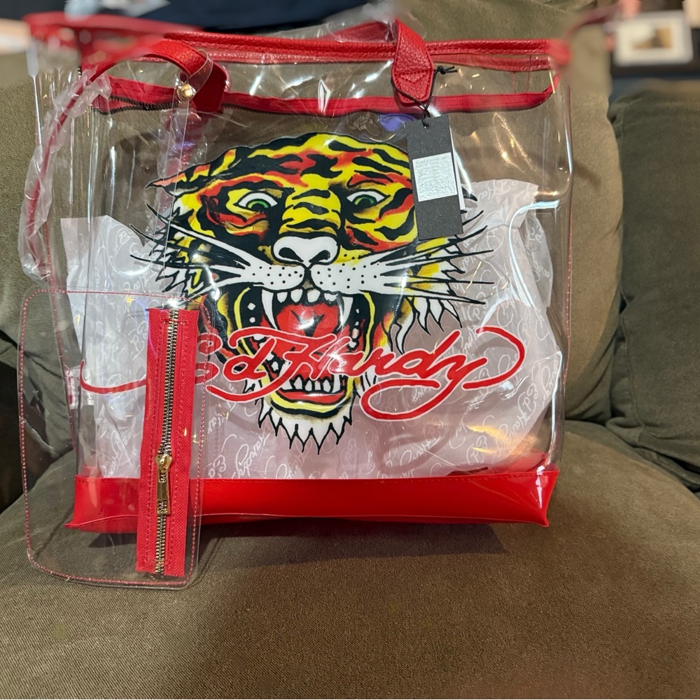 Ed Hardy Transparent Tote with Tiger and Red Accents
